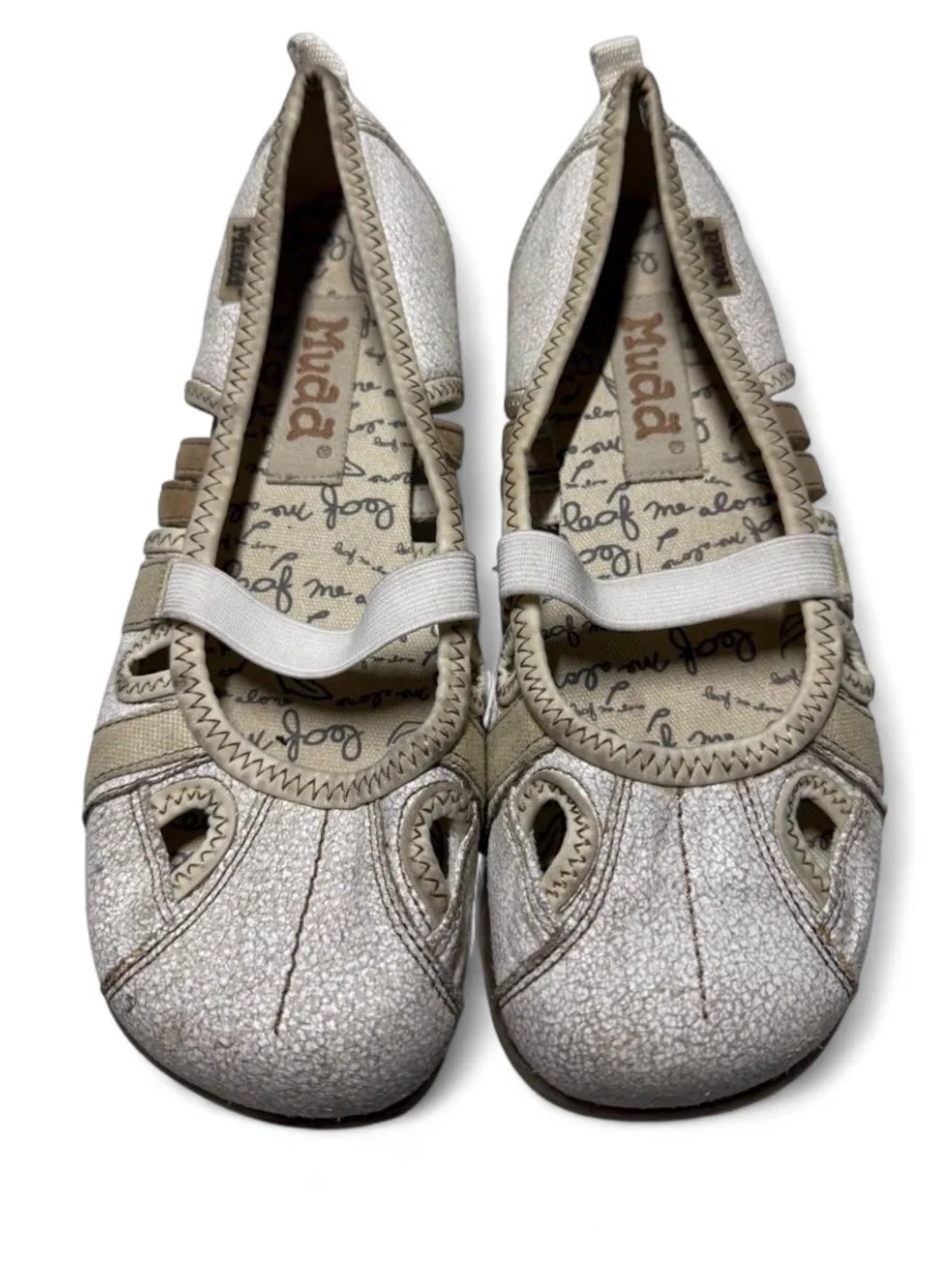 Y2K Mudd Mary Jane Ballet Flats Cream Brown Crackle Elastic Slip On Shoe Girl 3M